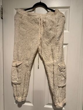 Johnny Was Cream Quilted Cargo Jogger Pants with Embroidered Floral Texture